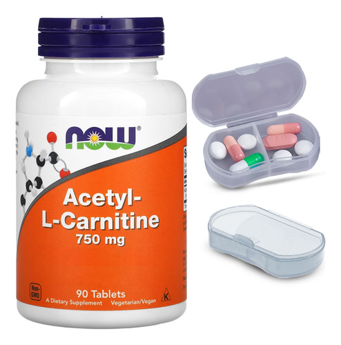 Acetil L-carnitina 750mg Now Foods 90 Tab + Porta Cápsulas