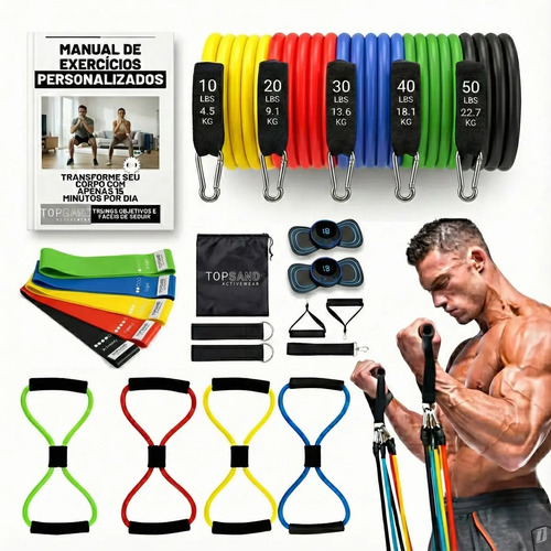 Kit 20 Itens Esportivos Para Treino Em Casa Academia Fitness Funcional Com Elásticos Extensor Puxadores Massageador Faixas Elásticas Mini Band P/ Exercícios Ginástica Fisioterapia Topsand Activewear
