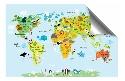 Papel Parede Adesivo Lavável Mapa Infantil Animais Do Mundo