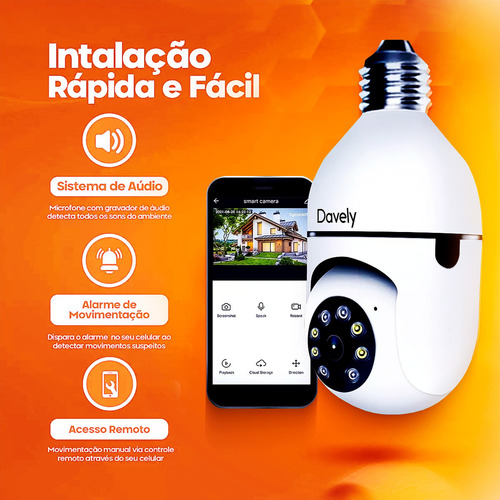 Câmera De Segurança Davely Lâmpada App Yoosee Com Visão Noturna Interna Externa Ip Wifi Espiã 360º Cor Branco