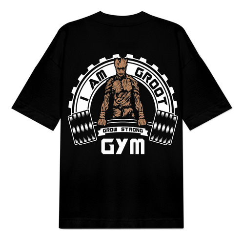Camiseta Gym Oversize I Am Groot Grow Strong Gym Estampada