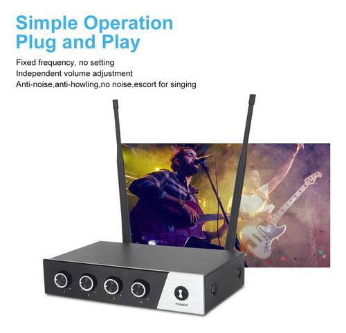Xtuga Sistema De Micrófono Inalámbrico S400, Juego De Micrófono Inalámbrico Uhf De 4 Canales Con Cuatro Micrófonos De Mano, Frecuencia Fija, Largo Alcance 79 M, Ideal Para Iglesia, Karaoke, Bodas