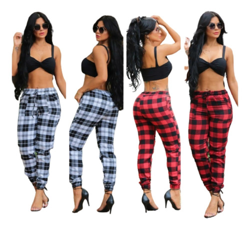 Imagem 3 de 10 de Kit 8 Calça Jogger Sarja Feminina Bengaline Quadricula