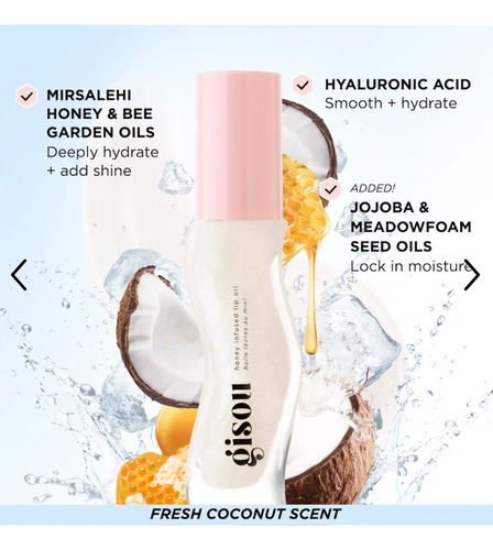 Tom de óleo labial hidratante com infusão de mel Gisou: Coconut Frost