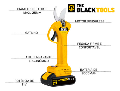 Tesoura Poda Sem Fio 21v Tcp21b Bivolt Com 2 Baterias