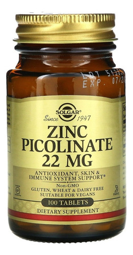Solgar | Zinc Picolinate | 22mg | 100 Tablets | Usa