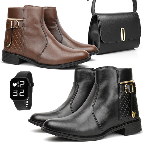 Kit 2 Pares Botinha Feminina Casual Cano Baixo+bolsa+relógio