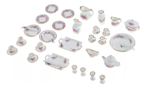 Casa De Muñecas 1/12 Con Flores De Té De Porcelana Rosa, 40