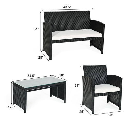 Set Patio & Jardín 4 Piezas De Mimbre Y Cojines Tipo Ratan