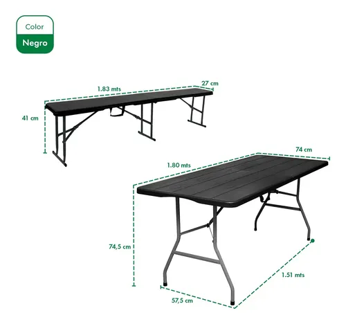 Mesa Plegable Picnic 180cm + 2 Bancos Plegables Garden Life Negro