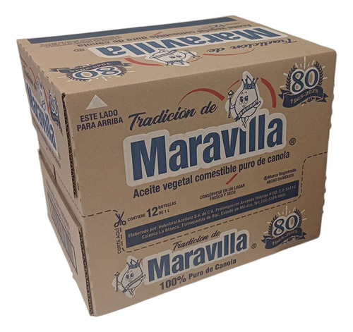 Aceite Vegetal Comestible 100% Canola Maravilla 1lt 12pz