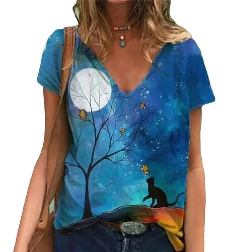 Camiseta Starry Night Cat V-neck Para Mujer 