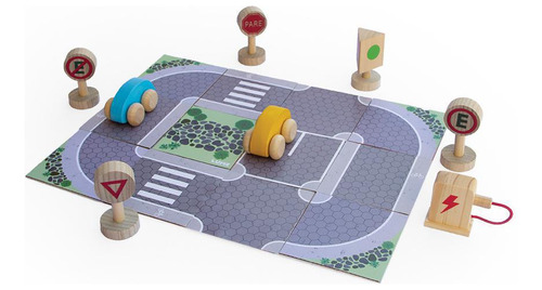 Brinquedo Educativo Estrada - Carrinhos De Madeira E Placas