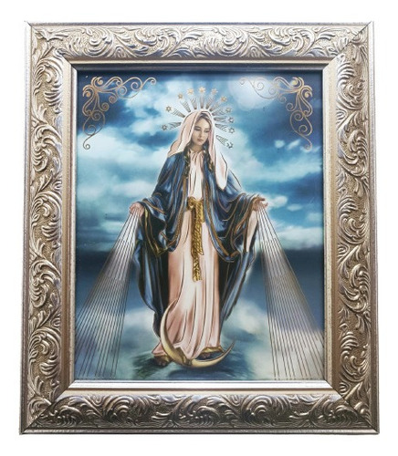 Virgen De Los Milagros En Marco Plata A 30 X 25 Cms 