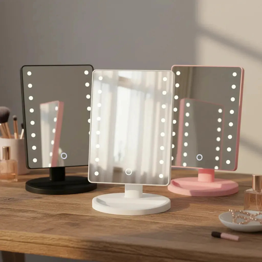 Espelho de Maquiagem de Mesa com Luz LED Iluminado Portátil Quadrado Moldura Rosa