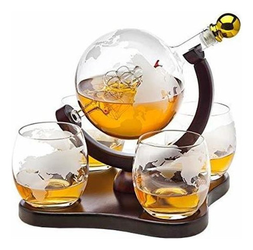 Whisky Decanter Globe Set Con 4 Copas De Whisky Globe Grabad