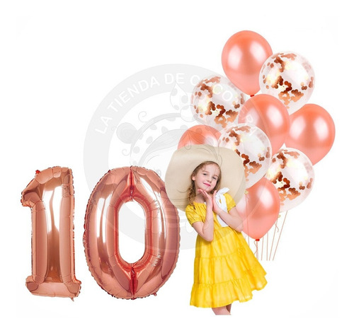 Numero 10 Rosa Gold 1 M + Set Globos Latex Rosa Gold Confett