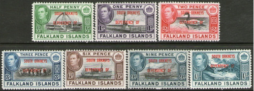 Malvinas = South Orkneys  7 Sellos Mint Resellados Año 1944