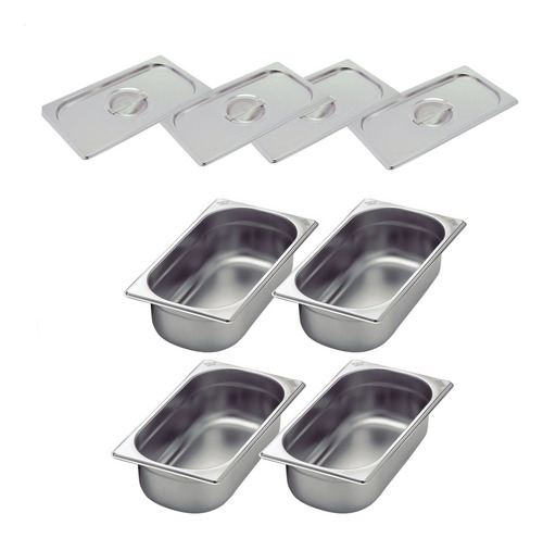 Kit De 4 Cubas Gastronômicas Com Tampa Buffet Inox 1/3 150mm