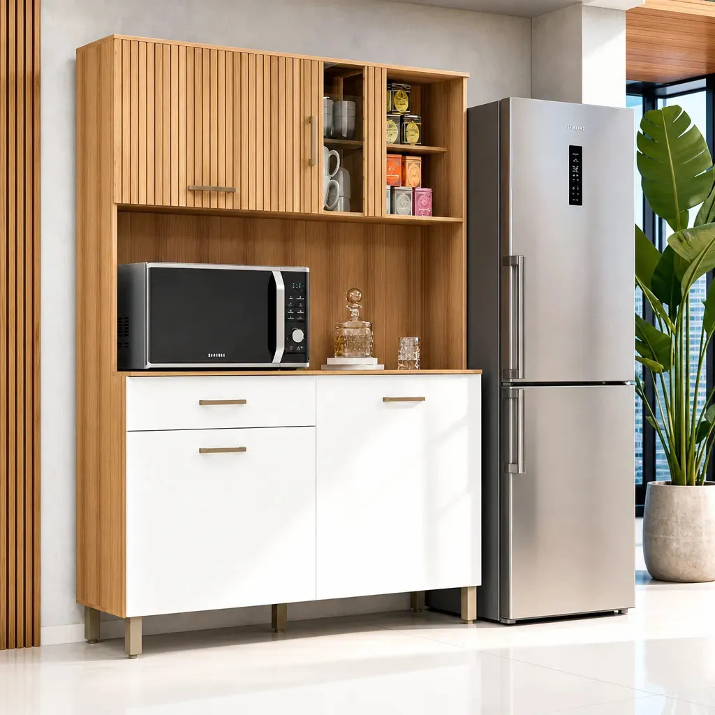 Armário de Cozinha M Casa Móveis Viena Compacto com Nicho e Balcão Multiuso Branco/Ripado