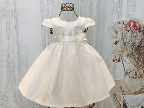 Vestido Petit Cherie Baby Branco Shantung Com Poa