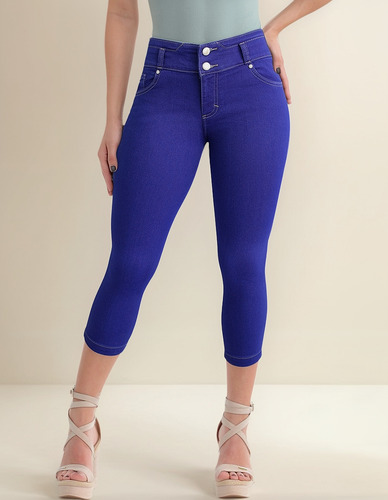 Jean Capri Mezclilla Dama Con Bolsas, Doble Botón En Pretina