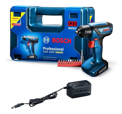 Taladro atornillador inalámbrico de 6mm Bosch GSR 1000 SMART 12V + 1 batería de 1.5Ah + accesorio con maletín de transporte 127V