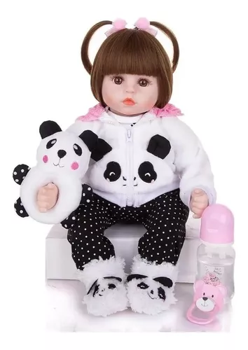 48cm Bebê Boneca Reborn 100% Silicone Panda Olho Castanho Pode