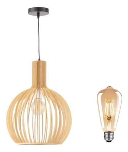 Lámpara Colgante Jaula De Madera + Lámpara Led Incluido