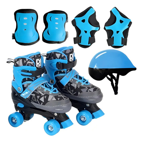 Patins 4 Rodas Infantil Ajustável cor azul com proteção DM Toys