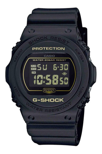Relógio de pulso Casio G-Shock DW-5700 com corpo preto,  digital, fundo  preto, com correia de resina cor preto, subdials de cor amarelo, ponteiro de minutos/segundos amarelo, bisel cor preto, luz azul-verde e fivela simples