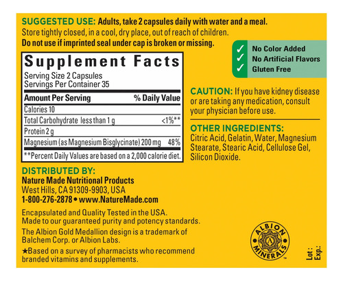 Nature Made Glicinato De Magnesio De 200 Mg Con 70 Capsulas Sin Sabor