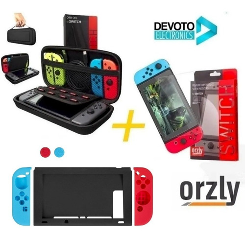 Imagen 1 de 6 de 7-1 Kit Funda Nintendo Switch Orzly + Vidrio 9h Premiun + Silicona Completo Estuche Accesorios Joy Con