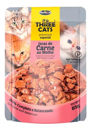 Pack 12 Sachet Three Cats Gato Adulto Carne 85g