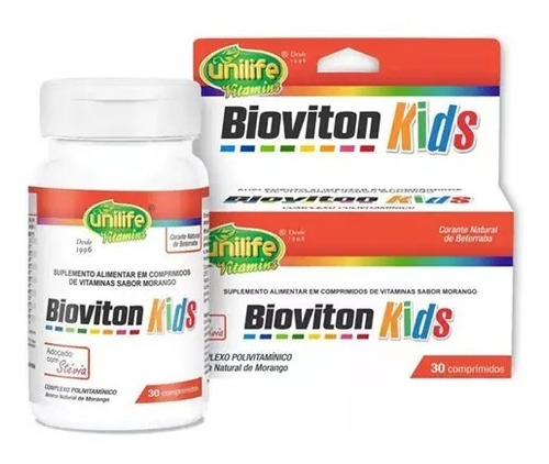 Suplemento en tabletas Unilife Bioviton Kids con polivitamina con sabor a fresa en un bote de 200 g 30 ml