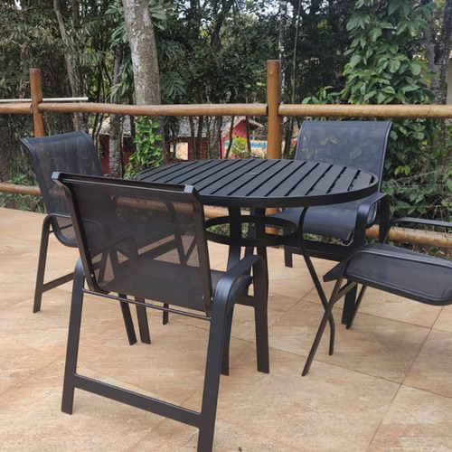 Mesa Ripada Com 4 Cadeira Ombrelone Varanda Jardim E Piscina Estrutura Preto Fosco