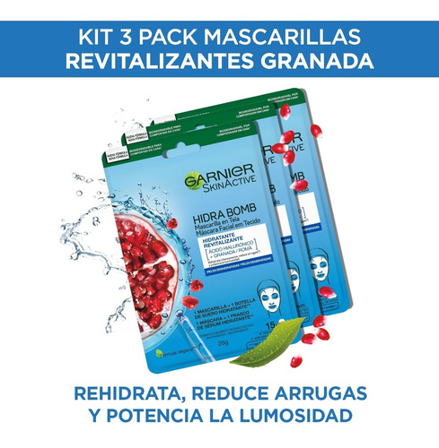 Imagen 3 de 5 de Kit Garnier 3pack Mascarilla En Tela Granada Hidra Bomb