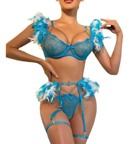 Conjunto Sexy De Encaje Con Cadena De Corsé Y Plumas