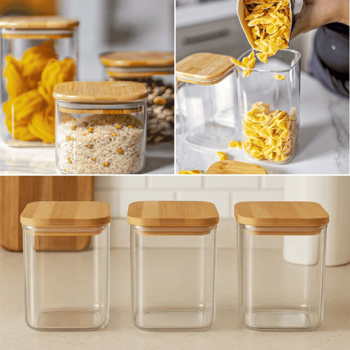 Kit 4 Potes De Vidro Hermético Tampa De Bambu Mantimentos