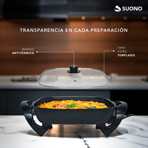 Sartén Olla Eléctrica Antiadherente Suono 1350 W Tapa Vidrio Negro 50 Hz 60 Hz