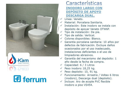 Imagen 3 de 10 de Juego Veneto Ferrum Inodoro Sin Tapa + Depósito Dual + Bidet