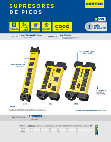 Supresor De Picos 8 Entradas Cable 1200 J, 90 Cm Surtek