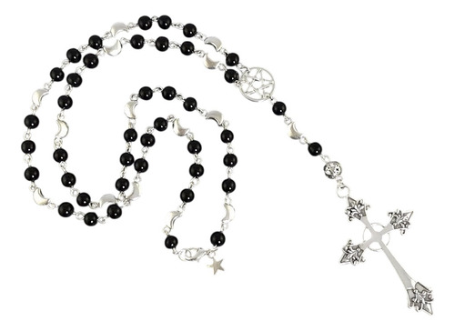 Collar Tipo Rosario Con Pentagrama Y Cruz Gótico Vampírico Negro