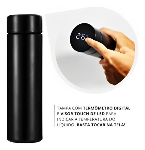 Garrafinha Térmica Inox 500ml Com Termômetro Led Digital Preta