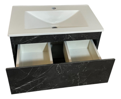 Vanitory Flotante Colgante+bacha 60x37cm Negro Símil Mármol Negro Mármol Blanco Un Agujero