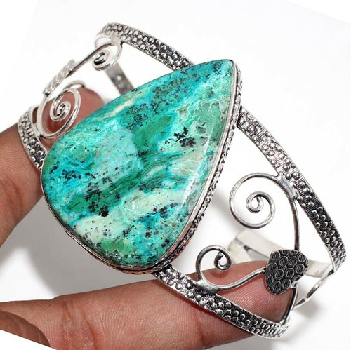 Pulsera Brazalete Bañada En Plata Con Piedra Crisocola Verde