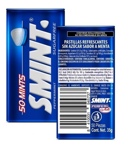 Pastillas Refrescantes Smint S/ Azúcar Sabor Menta Pack De 3