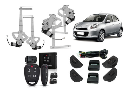 Kit Vidro Elétrico Nissan March 4 Portas Completo + Alarme