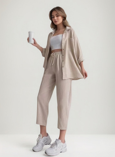 Conjunto Piezas Con Pantalones Harén Y Camisa Informal Mujer