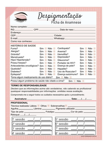 Imagem 2 de 5 de Kit Ficha Anamnese Despigmentação + Blocos Cuidados Cliente